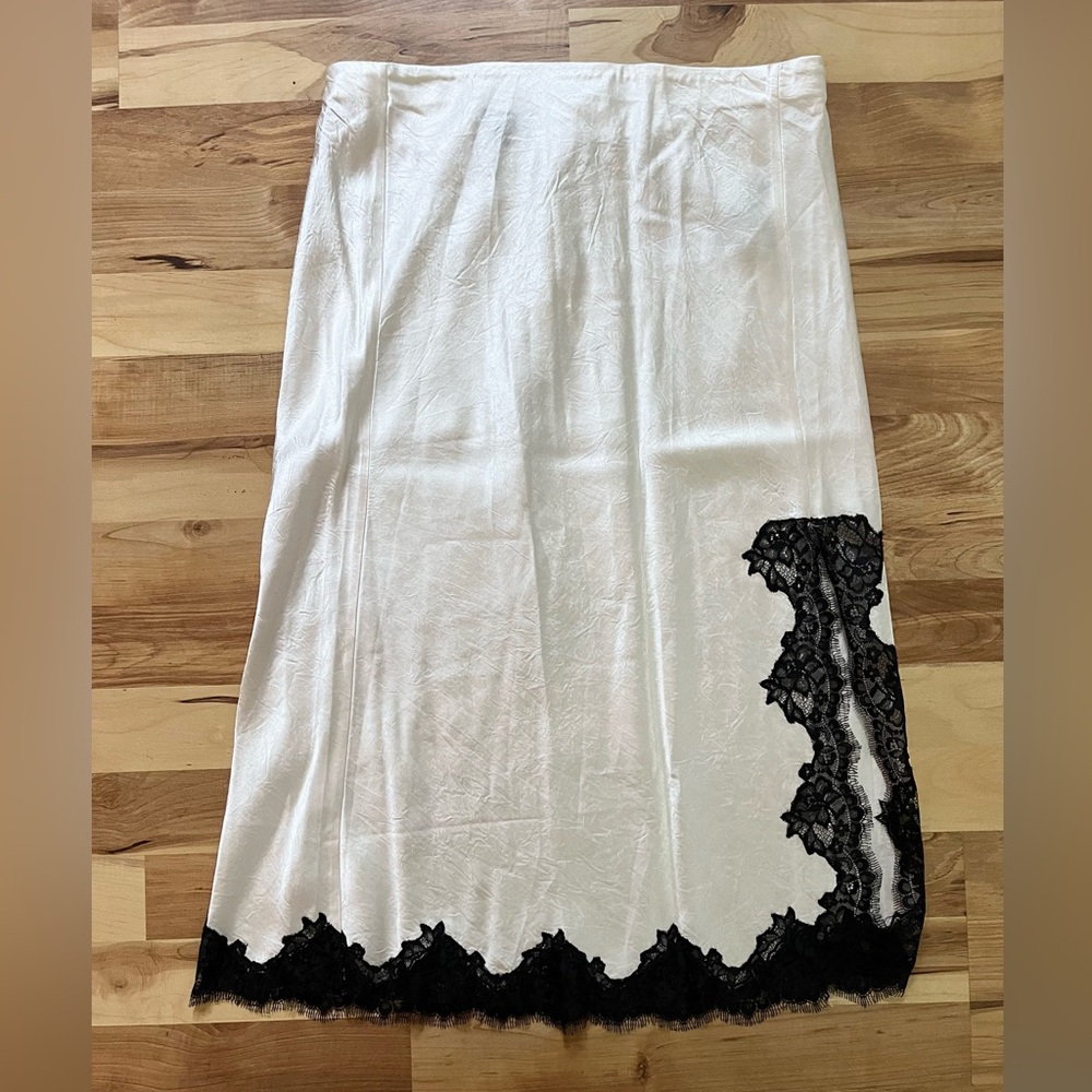 J. Crew Gwyneth black lace-trim slip skirt textured ivory satin size M NWOT